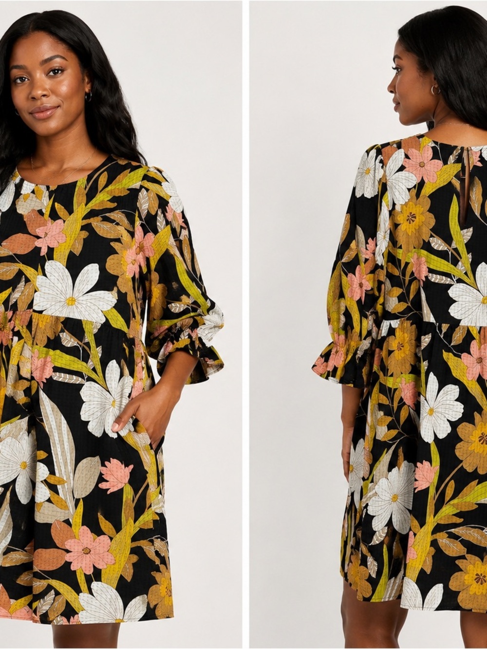 Who What Wear Black Floral Mini Dress with White, Pink & Mustard Flowers